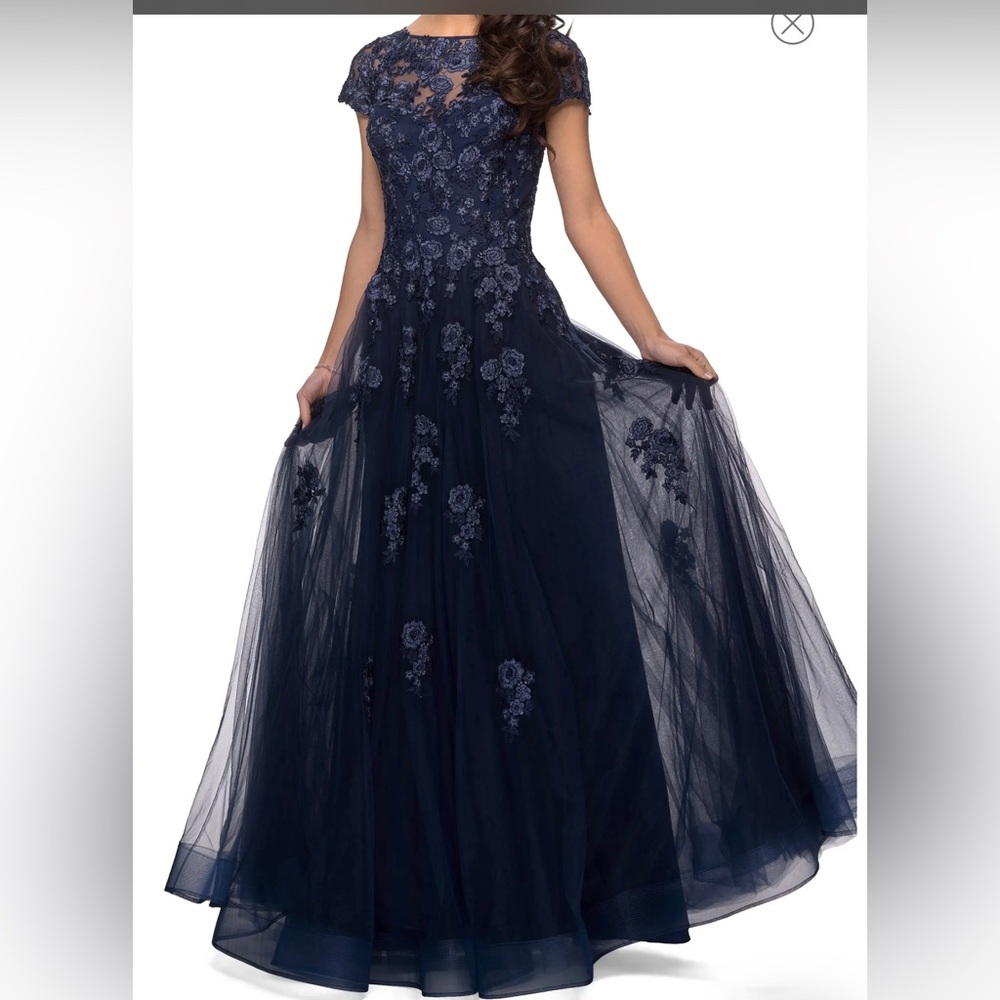 La Femme Embellished Mesh A-Line Gown